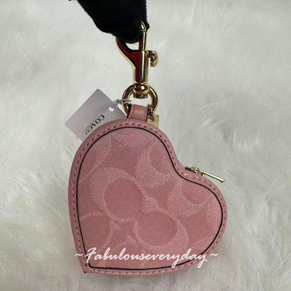 Coach Heart Bag Charm In Signature Denim Gold/Light Pink CEU37 NWT